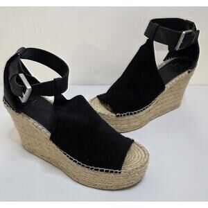 Marc Fisher Espadrille Platform Black Leather Wedge Sandals Size 8